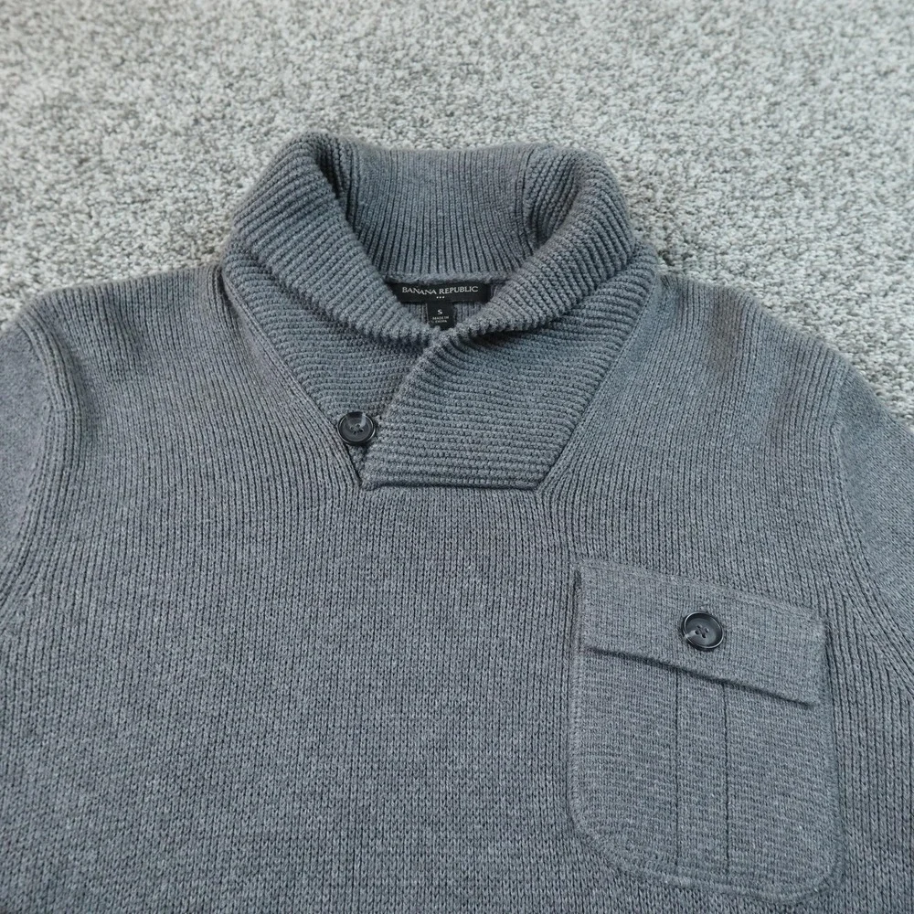 Banana Republic Sweater Mens S Gray Shawl Collar Knit Pullover Chest Pocket Warm